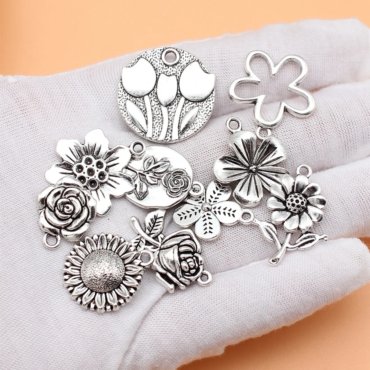 10pcs Antique Silver Color Flowers Charms Collection For DIY Jewelry Making, 10 Styles, 1 of Each