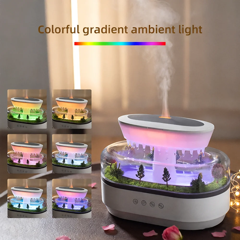 Raindrop Aroma Humidifier, 7 Color Light, White Noise, 250ml, Essential Oil Diffuser, Quiet Mist, Miniature Landscape Desk Decor