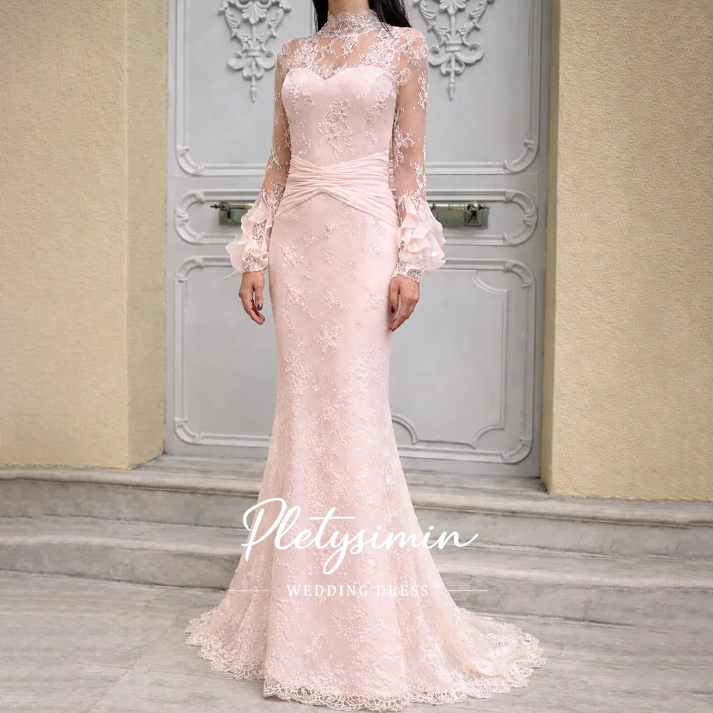 Elegant Women Blush Pink Lace Mermaid Evening Dress High Neck Sheer Ruffle Long Sleeve Vintage Formal Wedding Guest Gowns
