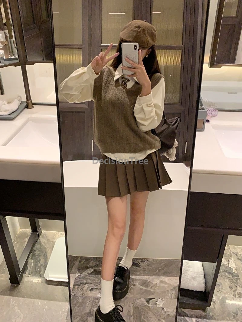 2025 vintage stile accademia jk uniforme autunno maglia gilet camicia a maniche lunghe vita alta gonna a pieghe uniforme scolastica set da 3 pezzi