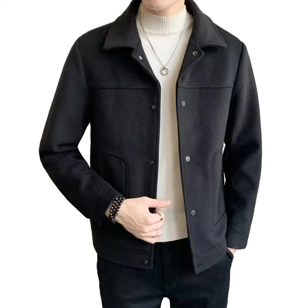 

Men Solid Color Jacket Men's Thick Cardigan Jacket with Turn-down Collar Warm Pockets Anti-pilling Fabric for Fall Winter Season