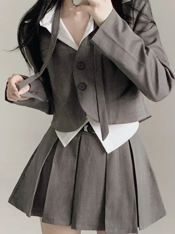 

Корейский женский костюм с высокой талией и длиной V-Ne, джерси и плиссированная юбка, комплект из двух предметов для похудения, модный