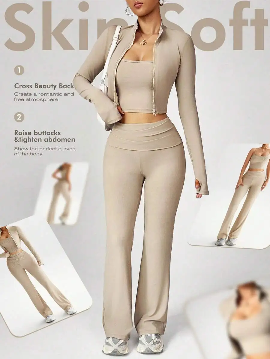 

Women 3 Piece Yoga Set U-Neck Crop Top High Neck Long Sleeve Jacket Tummy Control Leggings