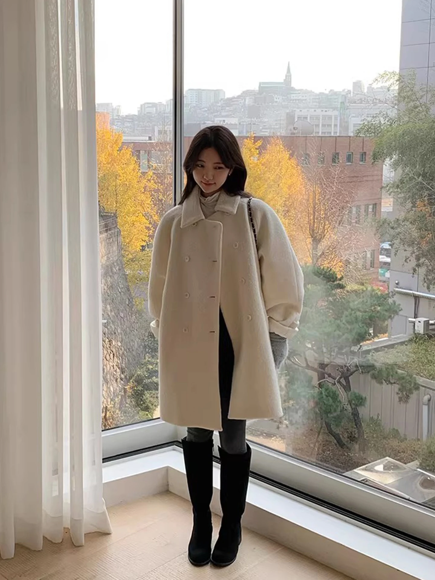 Ele Double-Breasted Thiened Woolen Coat Women's Autumn Winter Loose Versatile Warm Woolen Cloak French Sle Long Sve