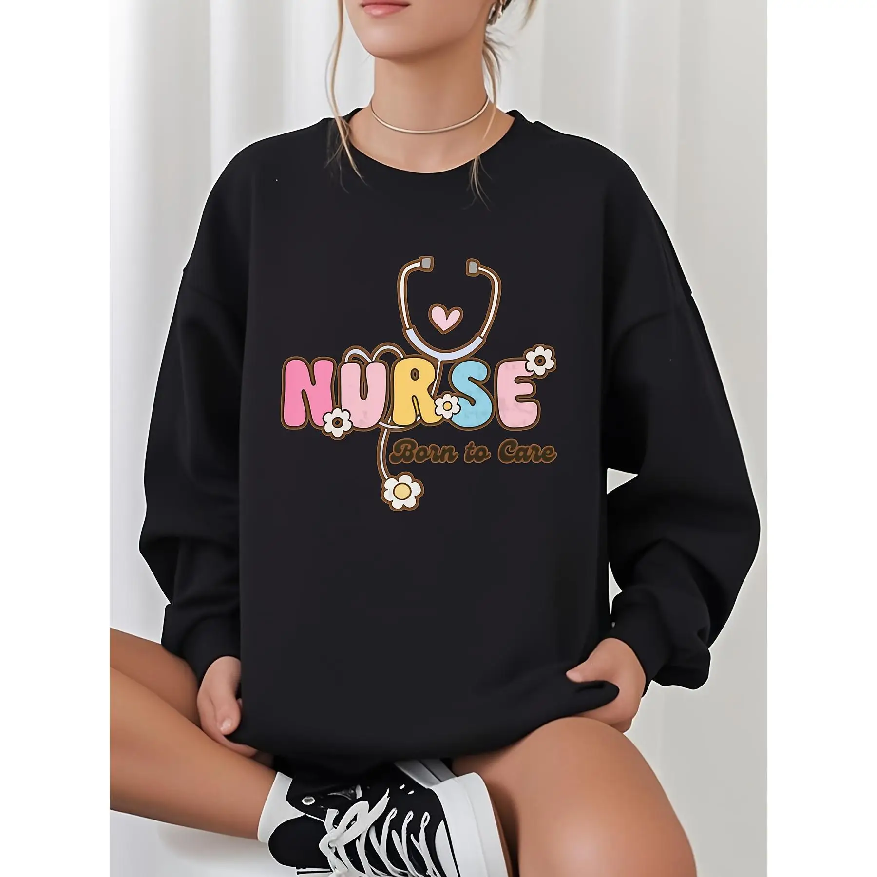

Nurse Born to Care Sweatshirt, Women's Cute Medical Staff Crewneck, Oversized Nursing School Appreciation Gift