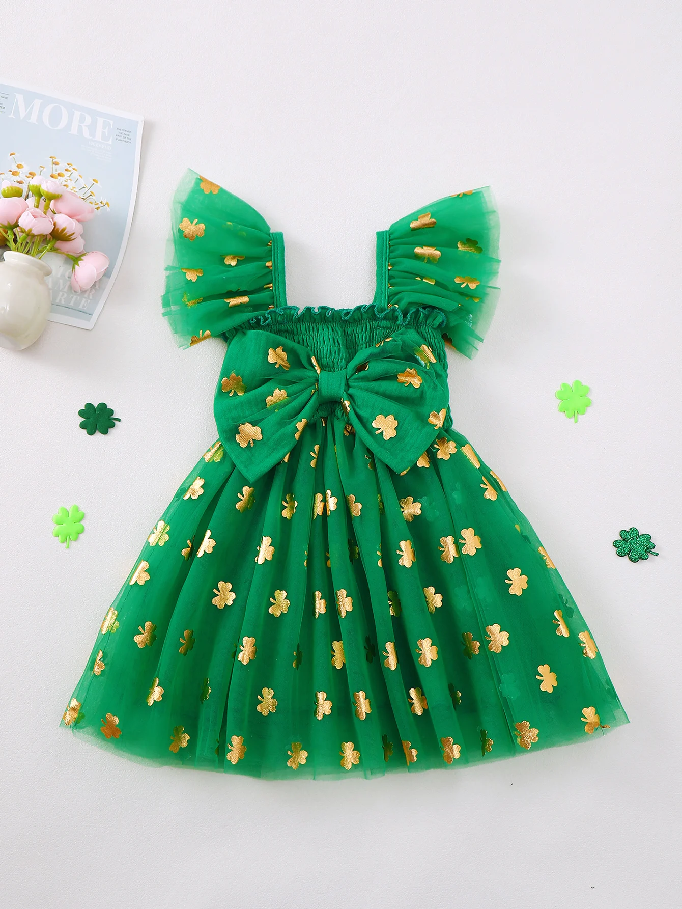 Baby Girl's Three-leaf Clover Patterned Green Tulle Dress Children's Clothing Infant Outfit Toddler Dress