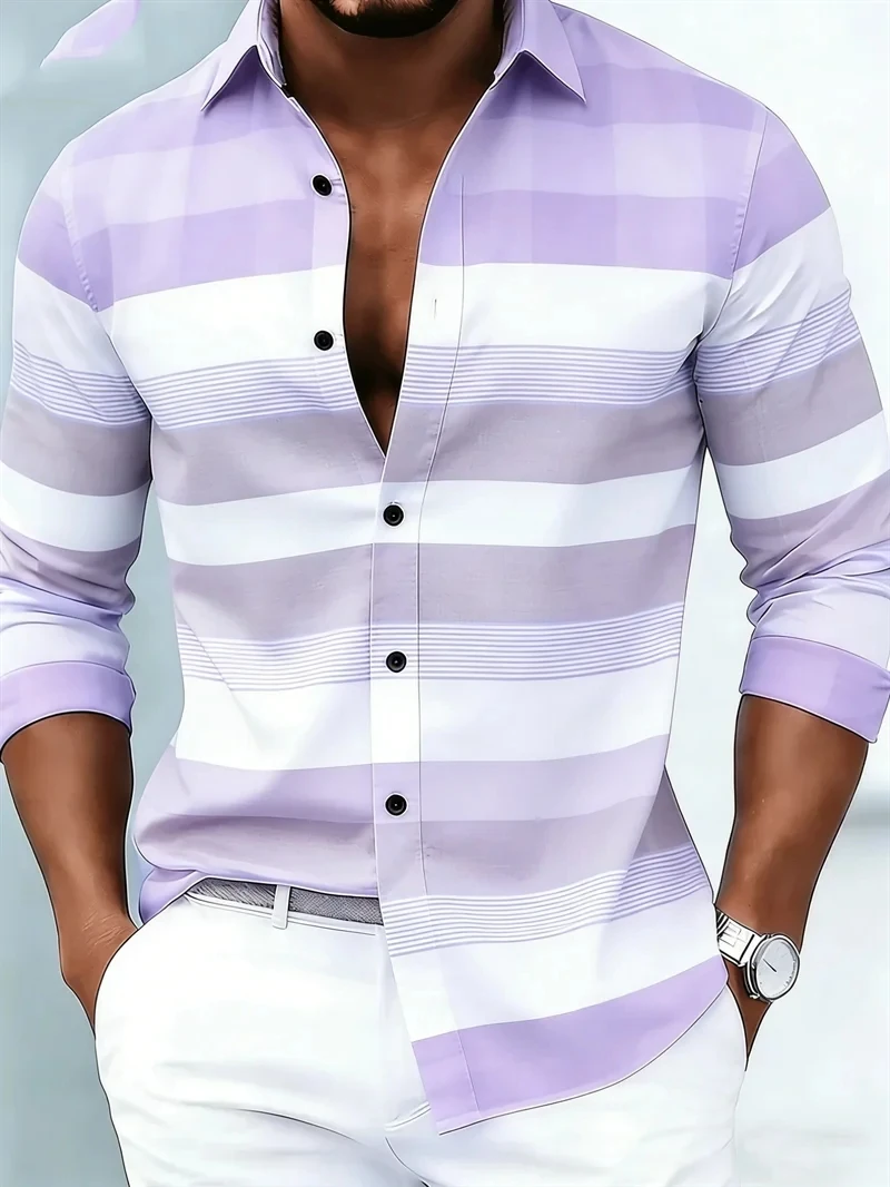 Men's Long Sleeved Collar Shirt Fashionable Striped Printed Soft Fabric Comfortable High-Quality Shirt for Social Parties
