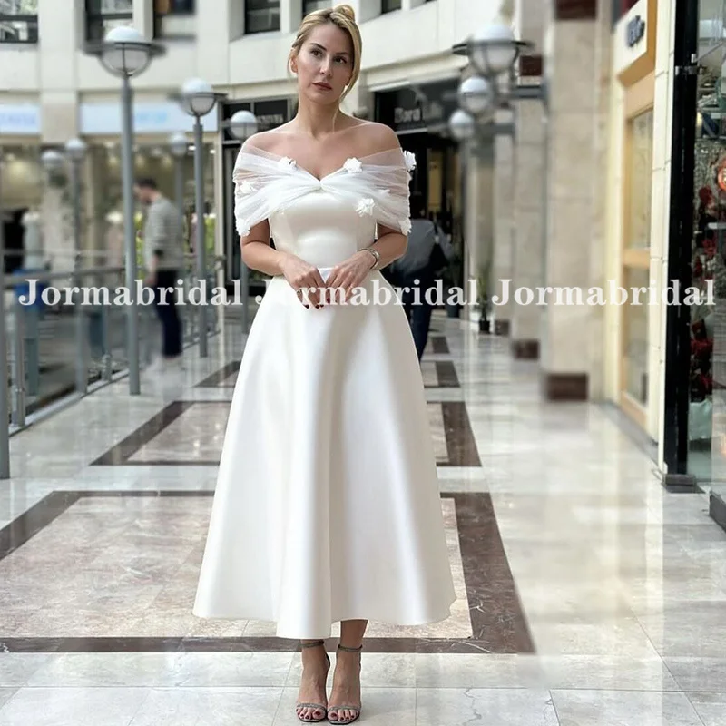 Women Summer Short Satin Wedding Dress with Off Shoulder Tulle Straps 3D Flowers White A-line Casual Midi Beach Bridal Gown Robe