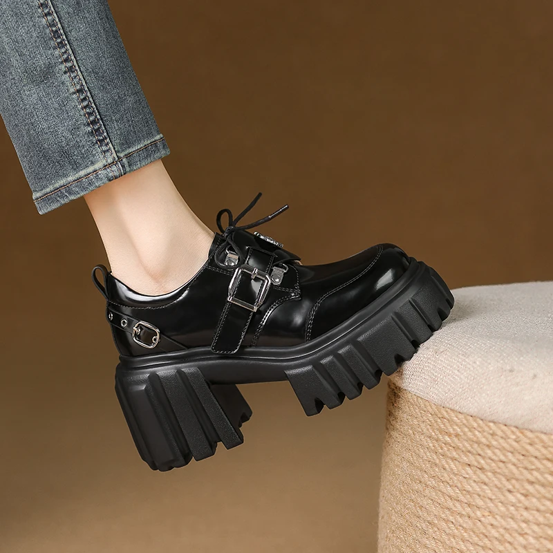 

Женские лоферы из натуральной кожи на платформе, экстремальный каблук с пряжкой и ремешком, милая обувь ручной работы в стиле панк, увеличивающая рост