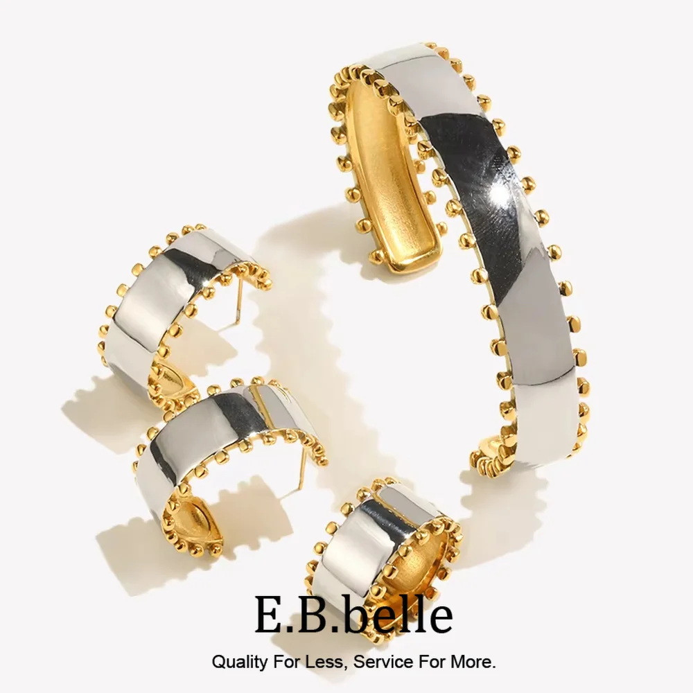 E.B.belle Double Color Beads Edge Glossy Bracelet Earring Ring Women Jewelry Set Stainless Steel 18k Gold Plated Waterproof