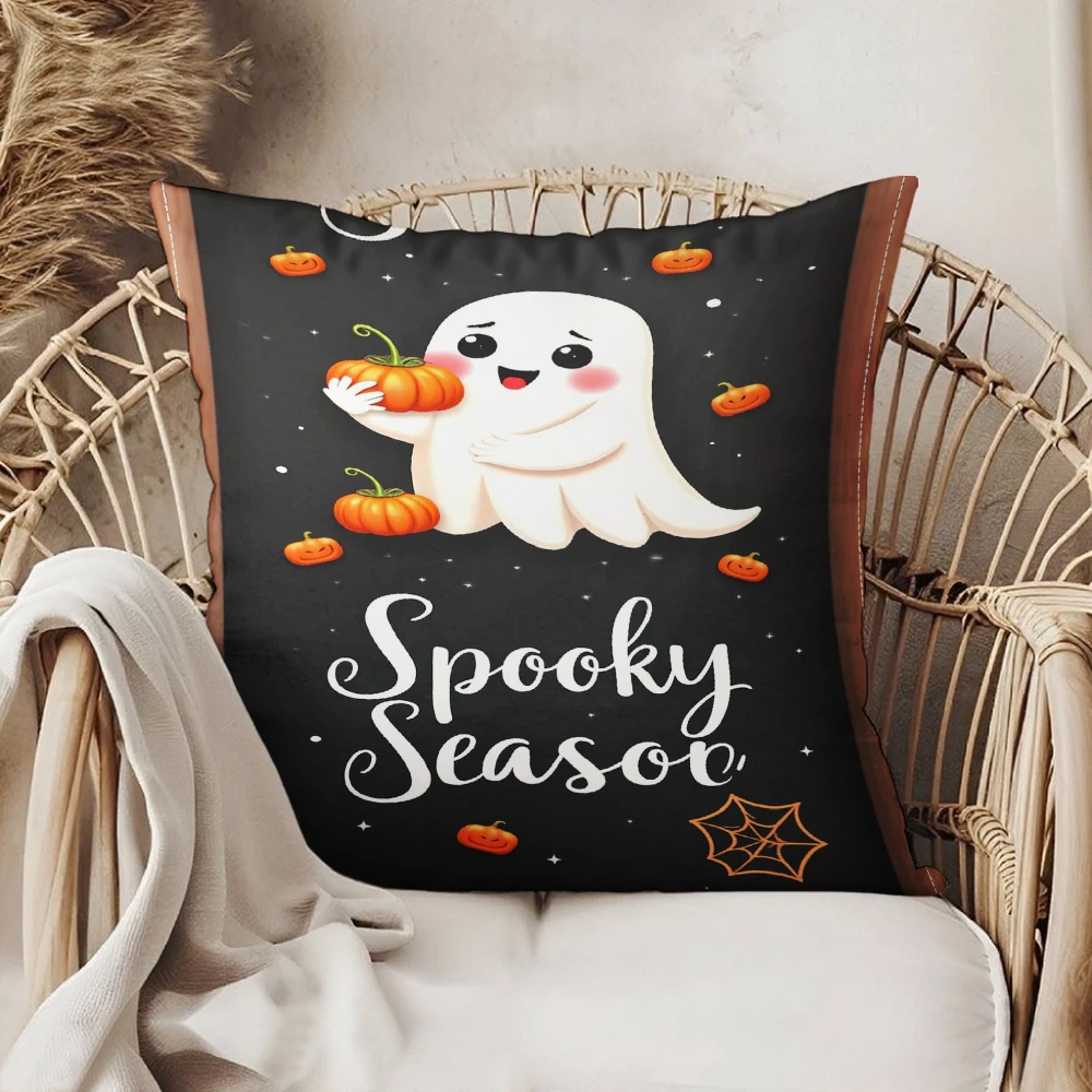 Square Throw Pillow Case Black Cute Ghost Holding Pumpkin Spooky Season Text Halloween Decor For Home Sofa Chair
