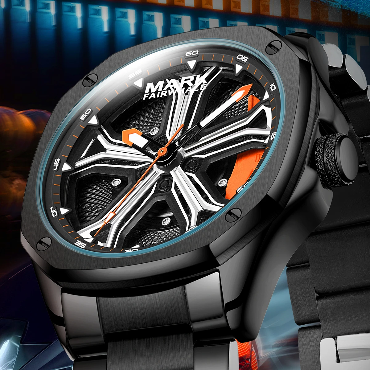 

MARK FAIRWHALE Fashion Men's Quartz Watch Wheel Luminous Stainless Steel Strap Waterproof For montre homme