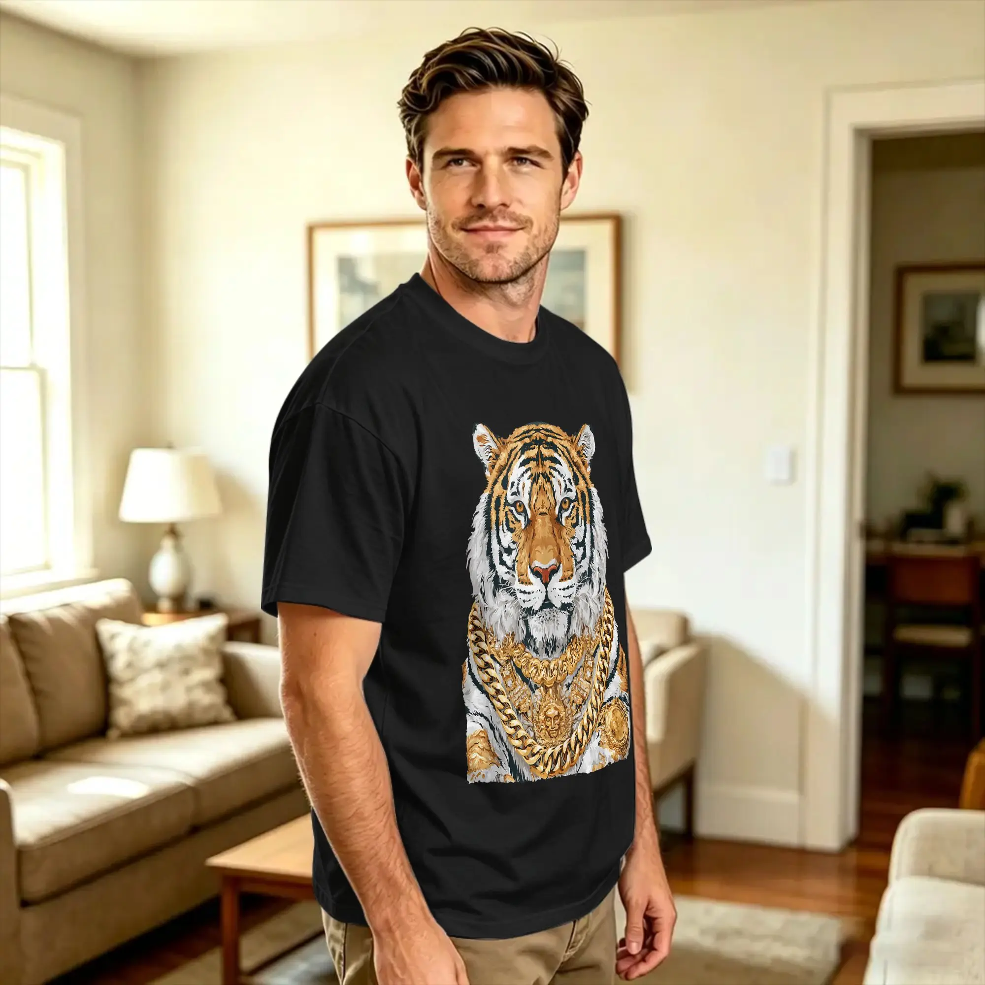 Glam Tiger Portrait Glamorous Feline Animal T Shirt Summer  Y2K Basic T Shirts 100% Cotton Harajuku Tshirt For Men Casual Tees