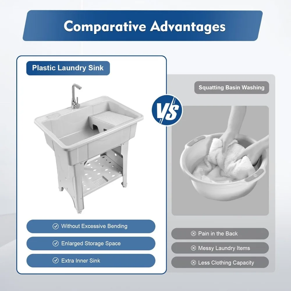 Freistehendes graues Waschbecken mit Ablagefach und Waschbrett für geräumige Nutzräume