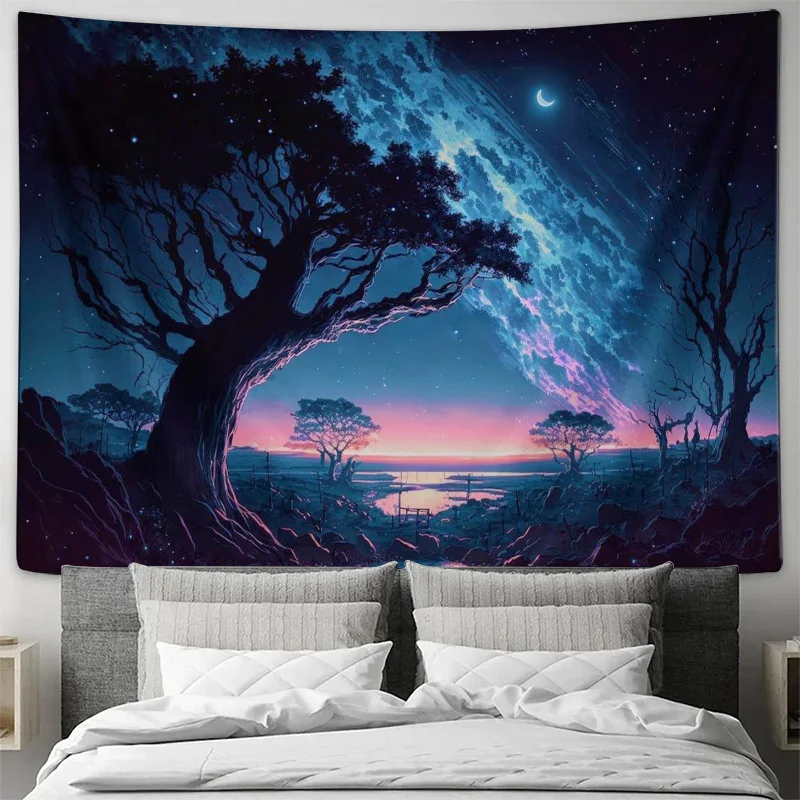 نسيج حائط مذهل مع شجرة كونية وديكور منزلي ليلي مرصع بالنجوم لغرفة المعيشة أو غرفة النوم مقاس كبير جدًا (80 × 60 بوصة) #3