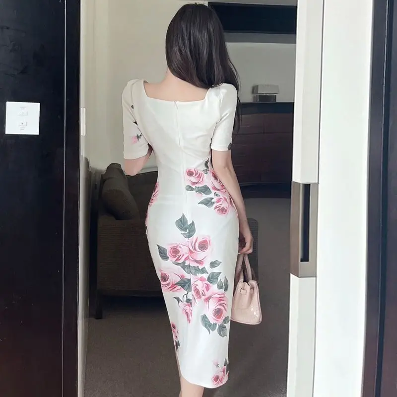 Short Sleeve Crew Neck High Waist O Collar Dress Professional Women's Office Pencil dress Fashion Slim Women's Knee Dress