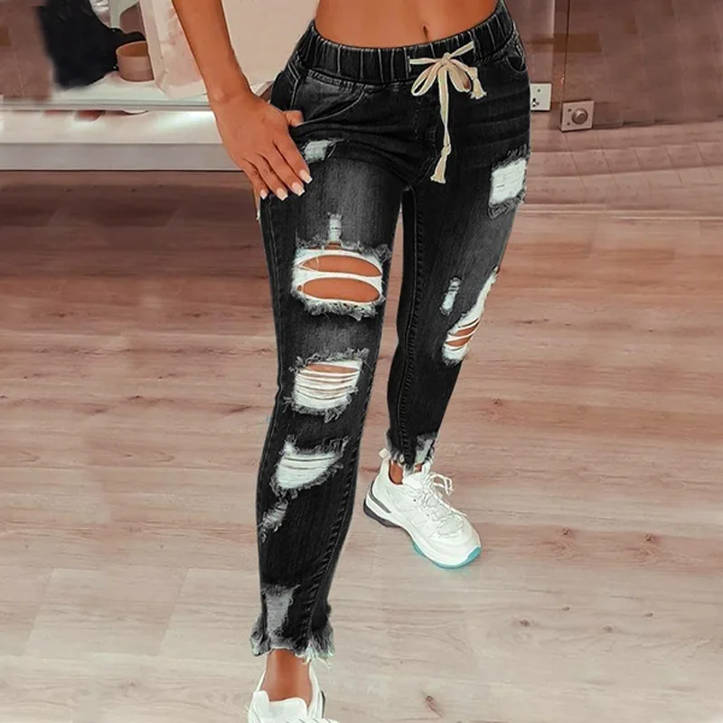 Women's pants 2025 European and American elastic waisted women's jeans high waisted ripped lace up pants