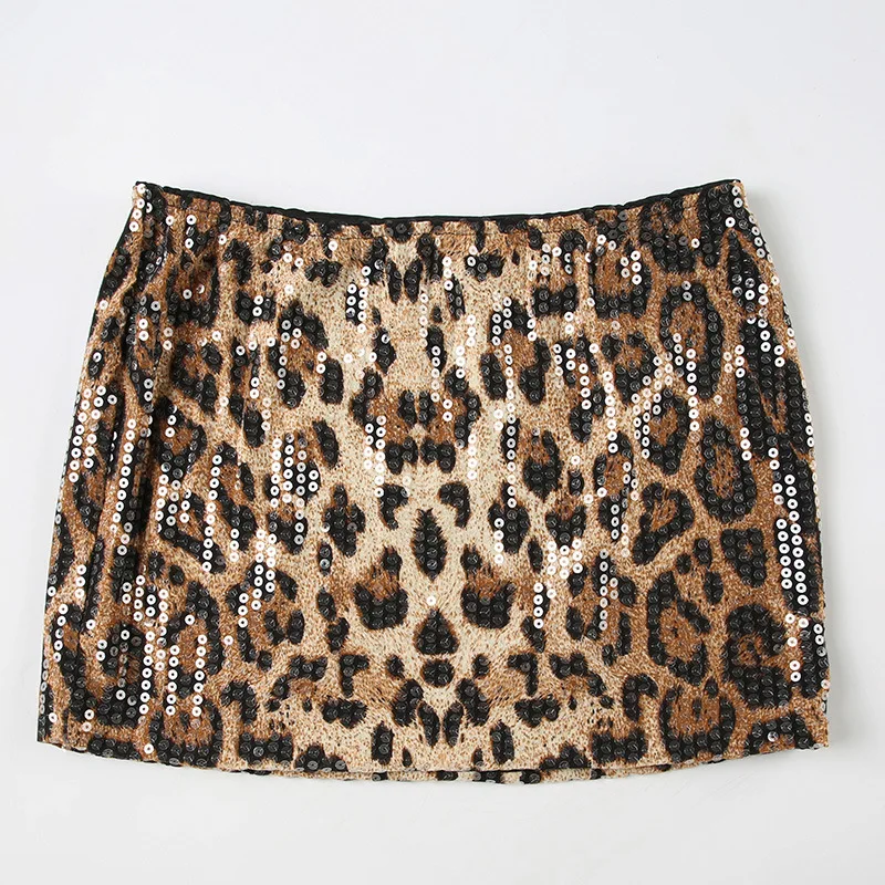 2025 new leopard print low-cut sequin mini skirt for women