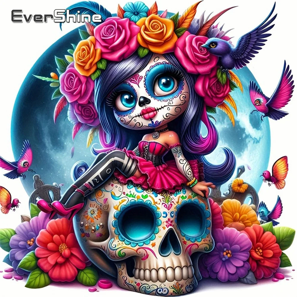 EverShine Vollquadratische Diamant-Malerei Porträt Mädchen Strass-Stickerei Skelett Mosaik Rose 5D Mond Handgemachtes Hobby