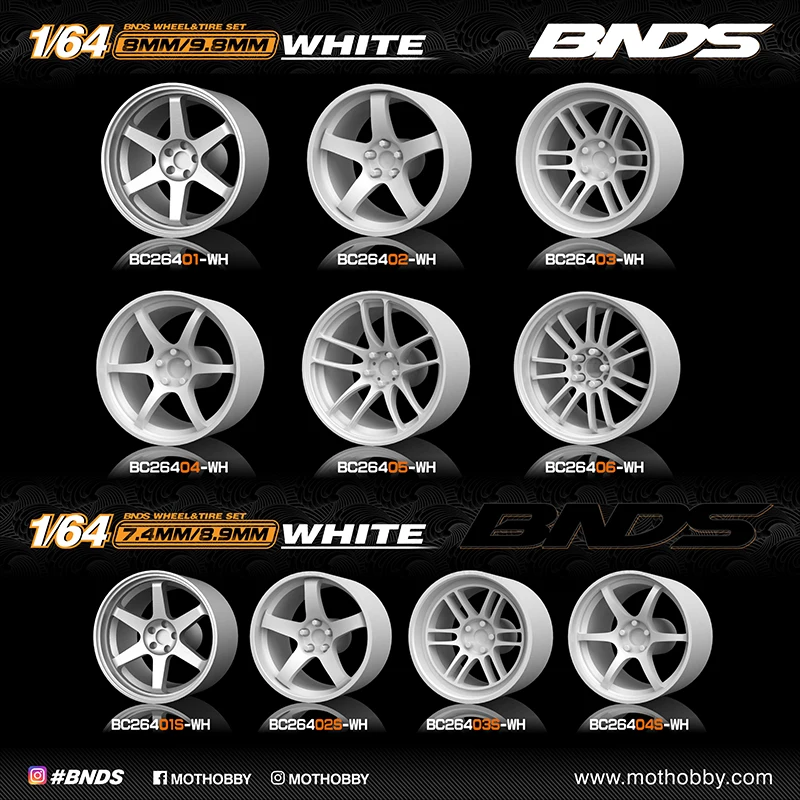 BNDS 1/64 ABS Wheels White With Rubber Tires Assembly Rims Modified Parts for Model Cars Refitted Hotwheels Tomica MiniGT