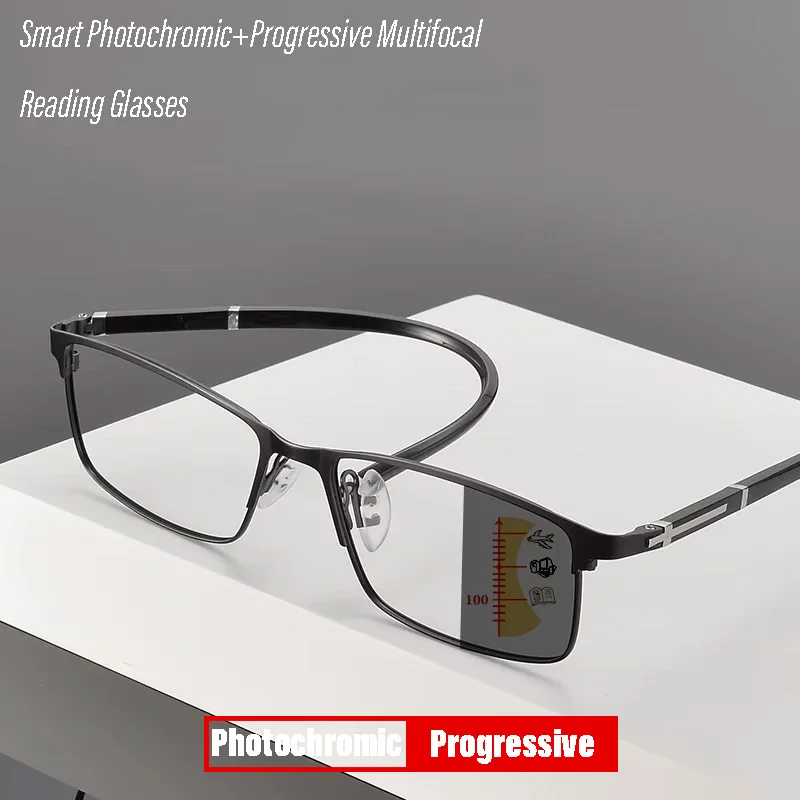 Gafas de Lectura Progresivas Fotocromáticas para Hombre, Patillas Súper Elásticas, Montura Estilo Ejecutivo para Mujer, Gafas con Protección Anti-Luz Azul