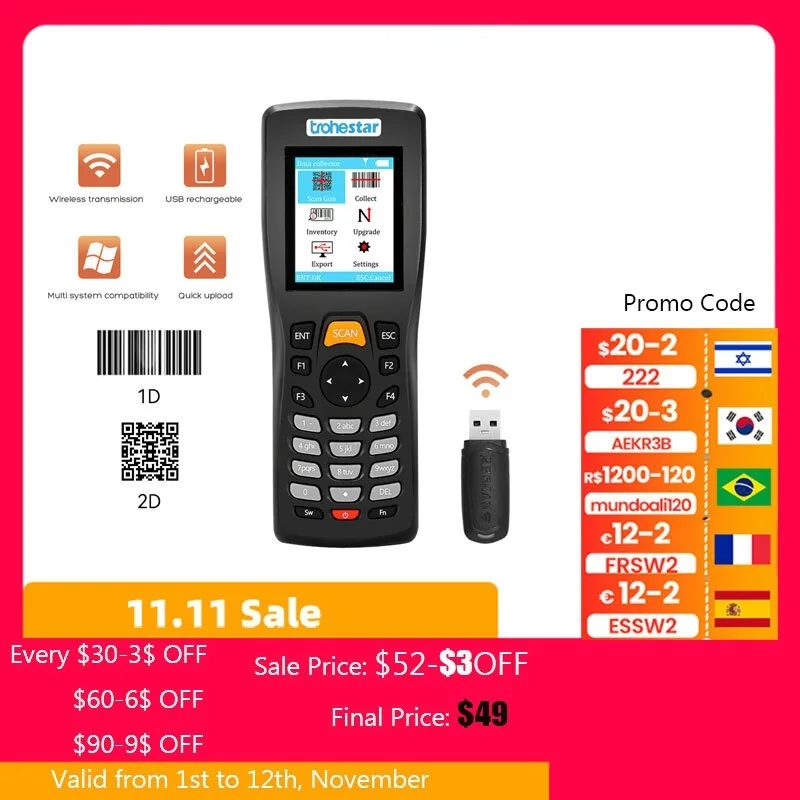 Go! Wireless Barcode Scanner 1D 2D Bar Code Reader Inventory Counter Data Collector PDA QR Scanners leitor codigo barras