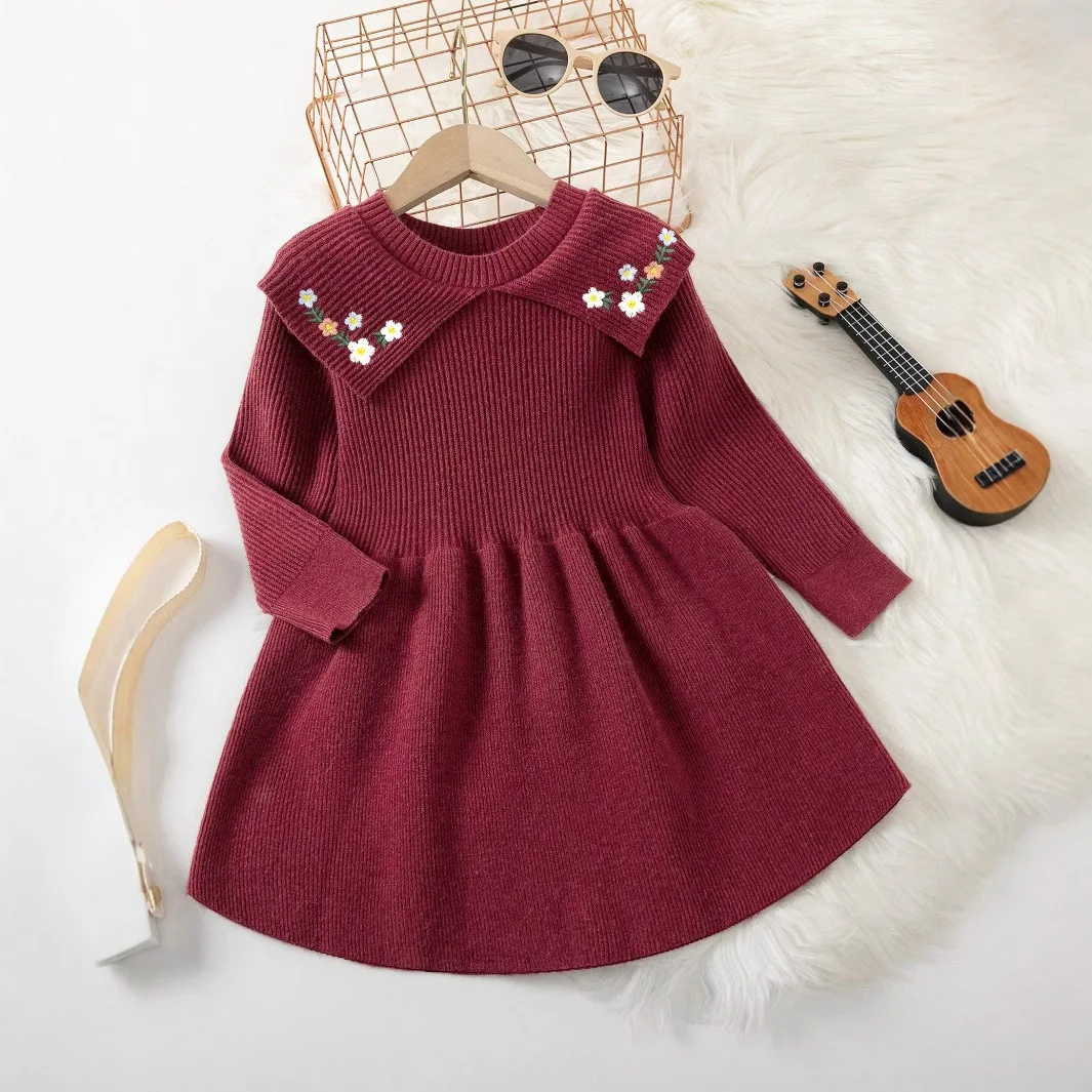 2024 European and American new spring and autumn children's knitted embroidered retro dress girl baby foreign style lapel sweat