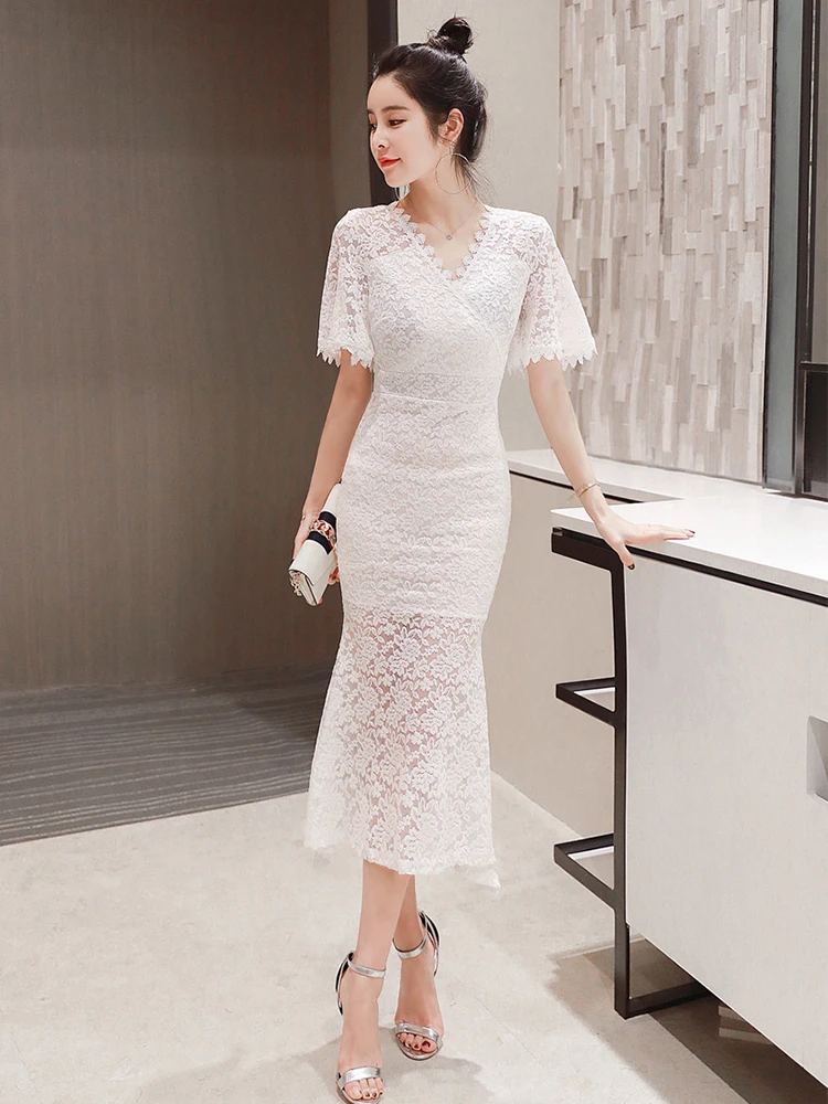 Summer Women Midi Dress Sweet Lace Hook Flower Hollow See Through V-neck Short Sleeve Wrap Hip Fishtail Robe Femme Party Vestido