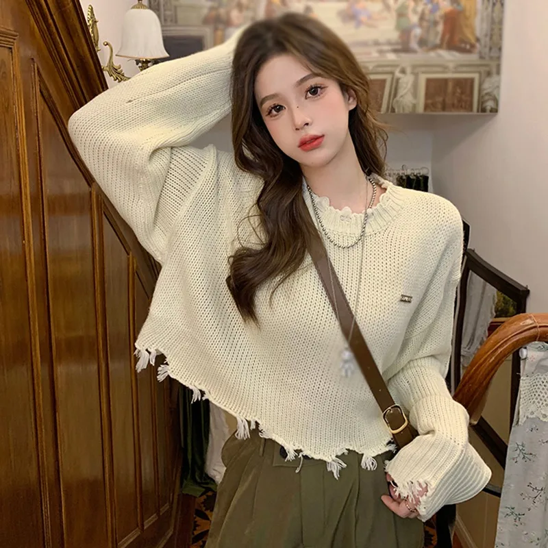 Sweater Coat Korean Sweater Design  Lazy  Loose Vintage Worn-out round Neck