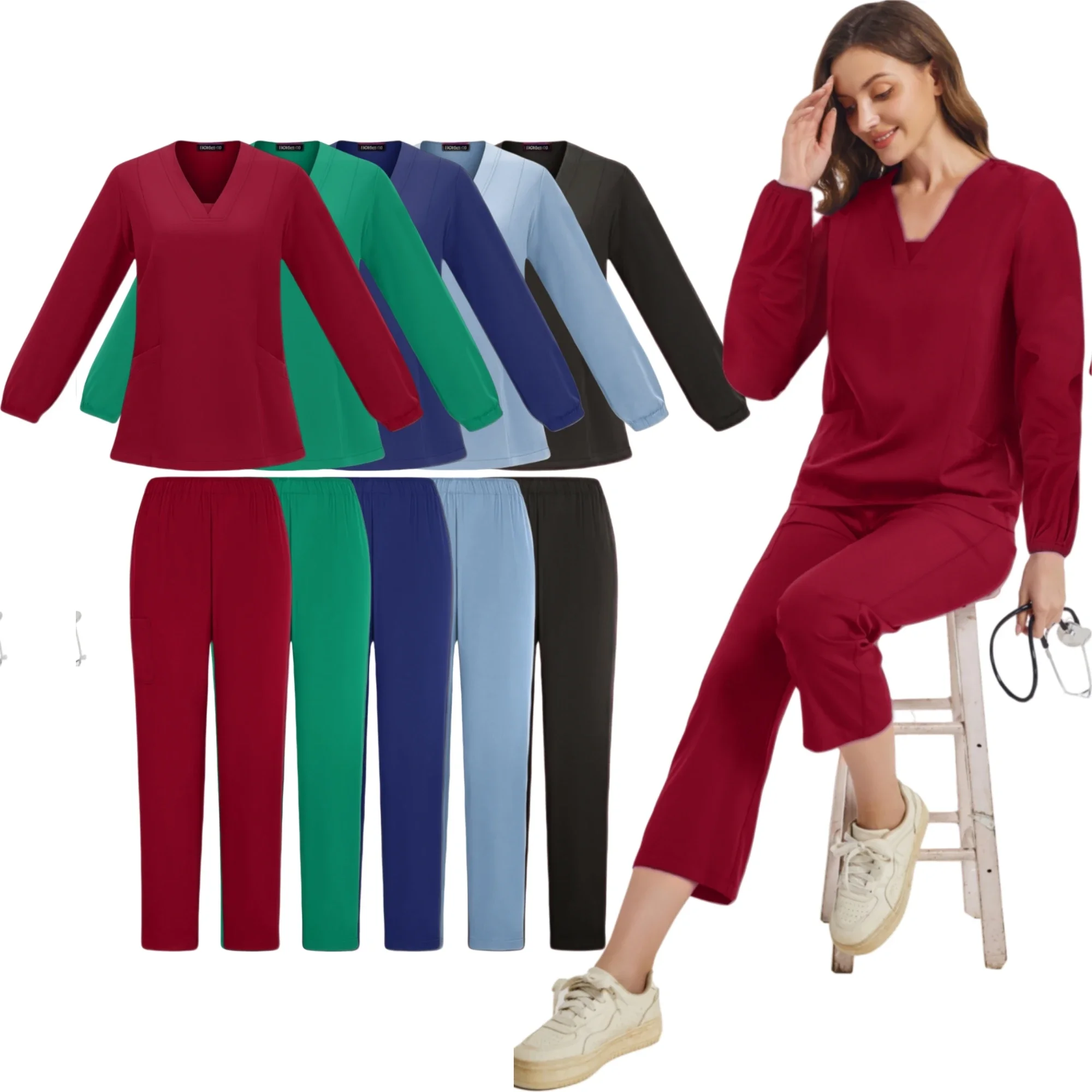 Uniformi chirurgiche Donna Infermieristica Manica lunga Scrubsuit Scrub medico Ospedale Top con scollo a V Dottore Infermieristico Scrub lungo Jogger Set