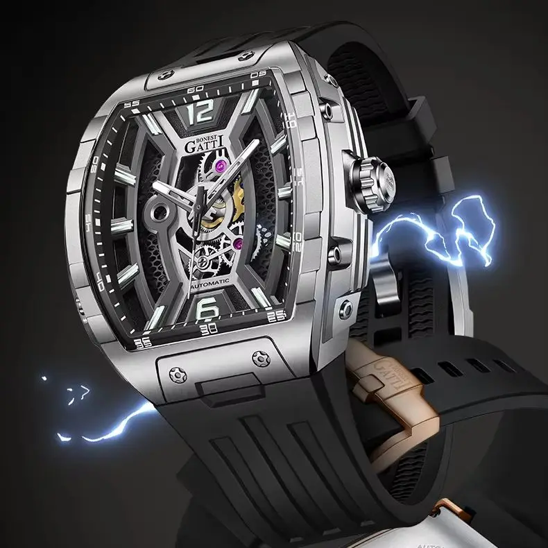 

BONEST GATTI Men Automatic Watch 46MM Tonneau Automatic Mechanical Wristwatch Waterproof Sapphire Skeleton Luminous Viton Strap