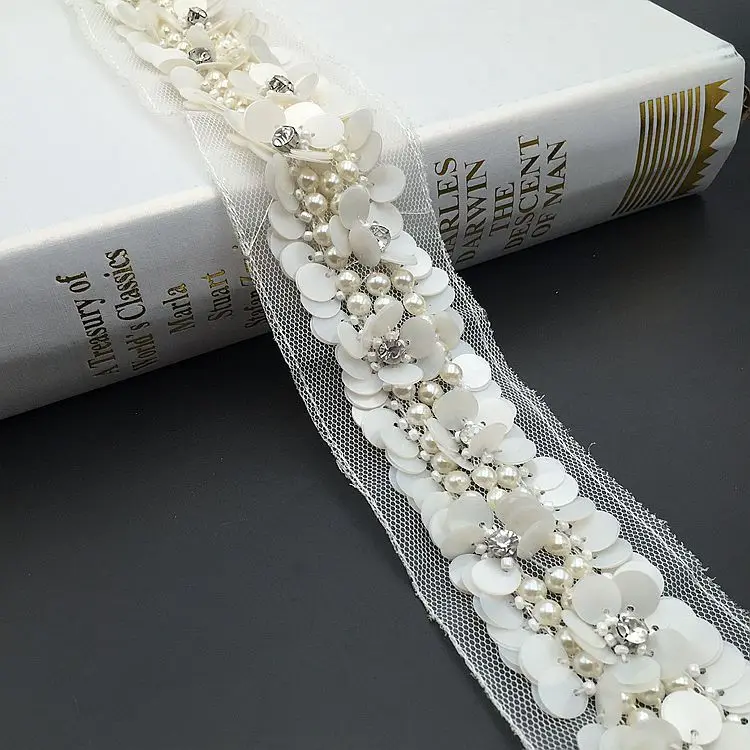 3D Mesh Fabric Handmade Beaded Sequin Lace Trim Heavy Duty Beaded Lace Trim Clothing DIY Accessories