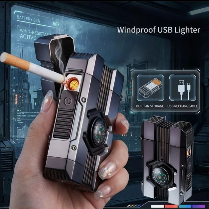 New Compass Mech Shaped Cigarette Box Lighter Outdoor Portable with Tungsten Wire Can Hold 10 Thick Cigarettes Lighter Gift