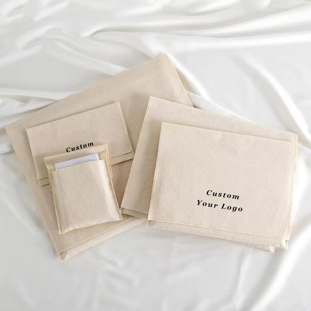 Custom Logo Canvas Cotton Muslin Jewelry Envelope Flap Bag Gift Packaging  Bracelet Perfume Sachet Wedding Favors Rings Earrings