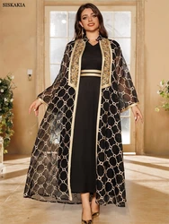 Siskakia Ramadan Dubai Mesh Embroidery Abaya With Sashes V-Neck Stylish Muslim Elegant Women Evening Dress