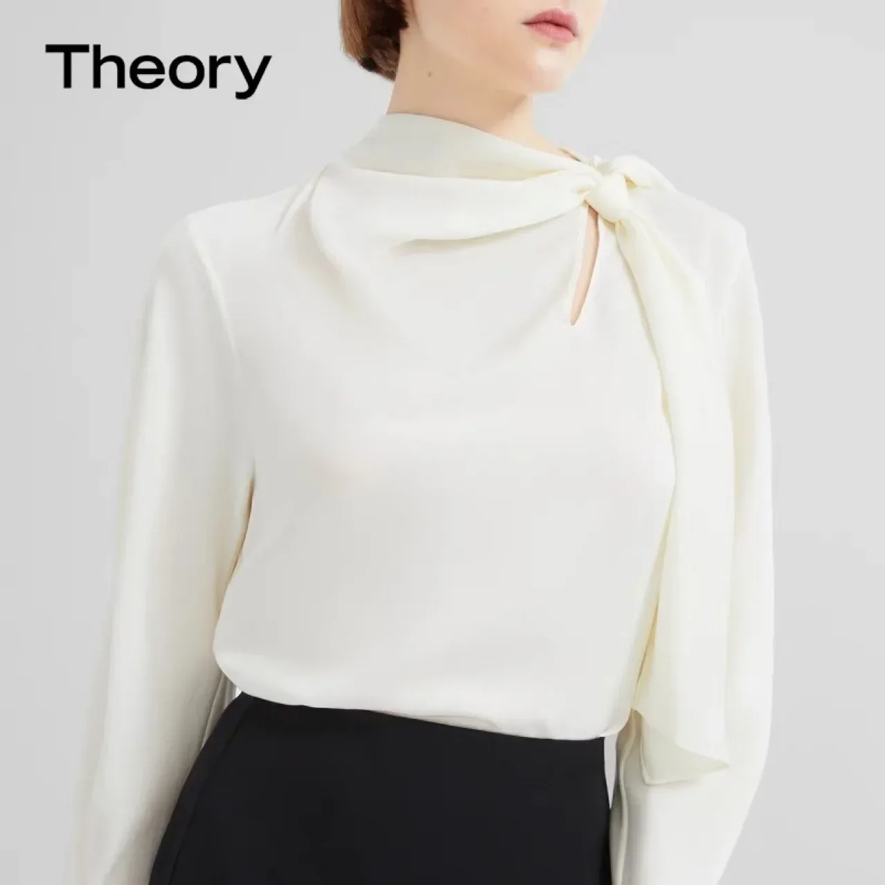 2023 Spring/summer Temperament Light Luxury Gloss Side Ribbon Real Silk Shirt Women's 23 Mommy Double Joe Pullover Silk Shirt