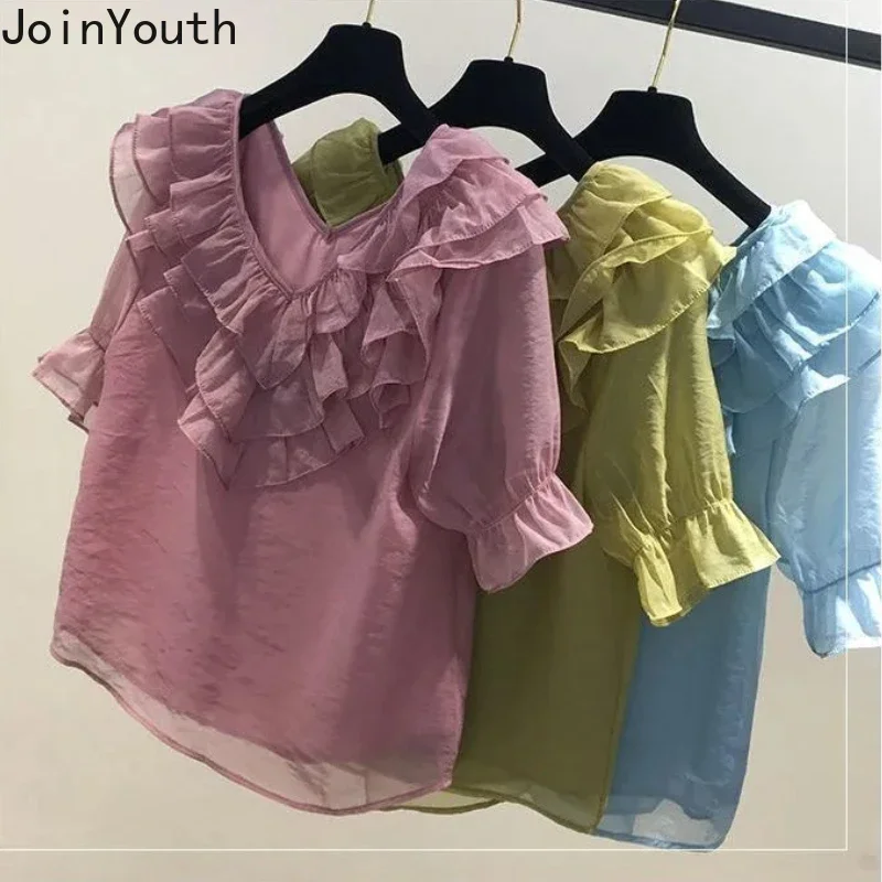 2024 Blusas Mujer De Moda Summer Blouses for Women Short Sleeve V-neck Korean Shirts Sweet Ruffles Chiffon Loose Blouse Tops