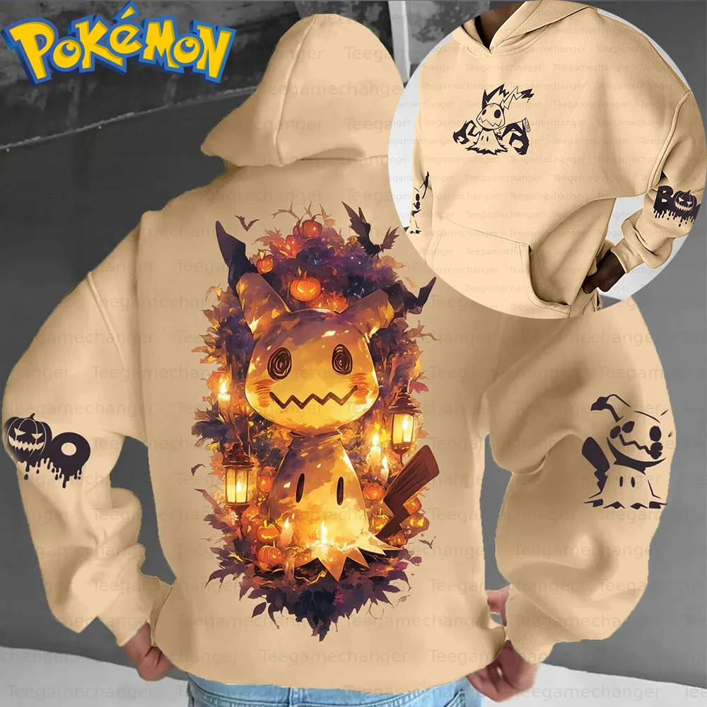 

Хлопковая толстовка с капюшоном в стиле Харадзюку в стиле аниме «Покемон», комплект брюк в стиле Харадзюку, бежевый принт на Хэллоуин с тыквенным фонариком, осенний узор в виде листьев