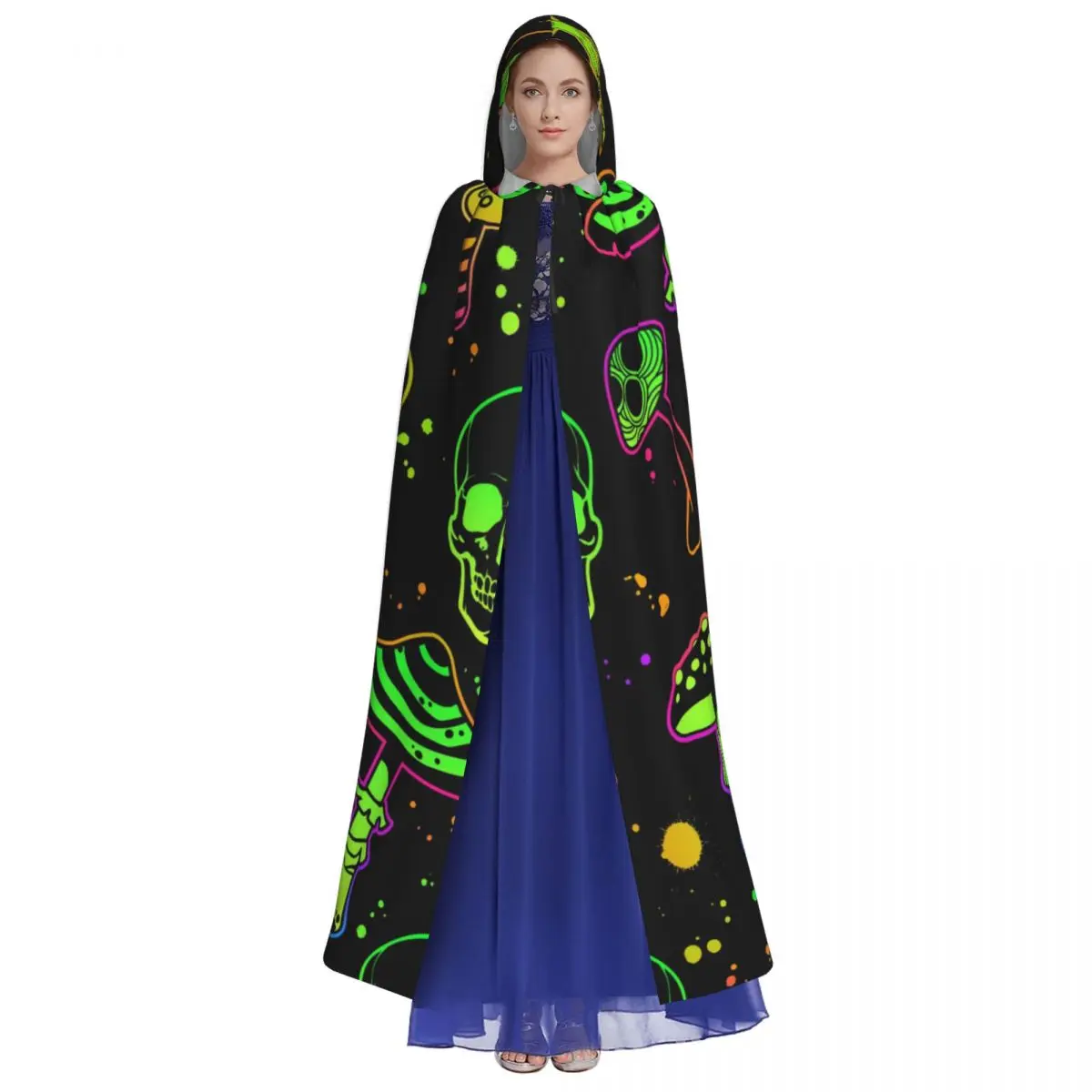 Adult Cloak Cape Hooded Poisonous Mushrooms And Skulls Medieval Costume Witch Wicca Vampire Carnival Party