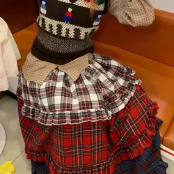 Vintage Plaid Boho Style Long Skirt Ruffles Patchwork Full Pleated Skirts E-girl 2025 Spring Streetwear Y2K Skirts Women Clothes