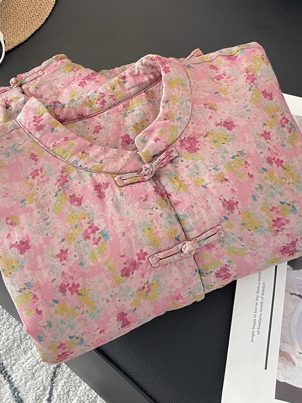 

Retro Sle Hand Sewn Button Cotton Jaet Women's Winter Faion Print Tang Suit Quilted Cotton Outerwear Coat