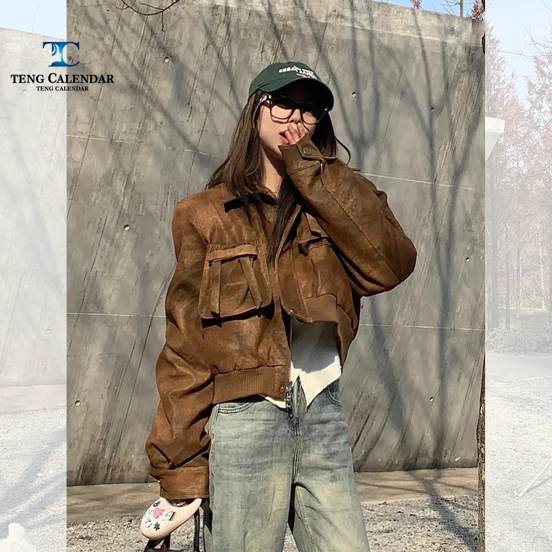 

Мотоциклетная куртка в американском стиле ретро, свободная короткая летная куртка премиум-класса кофе, женский новый стиль осени 2025 года