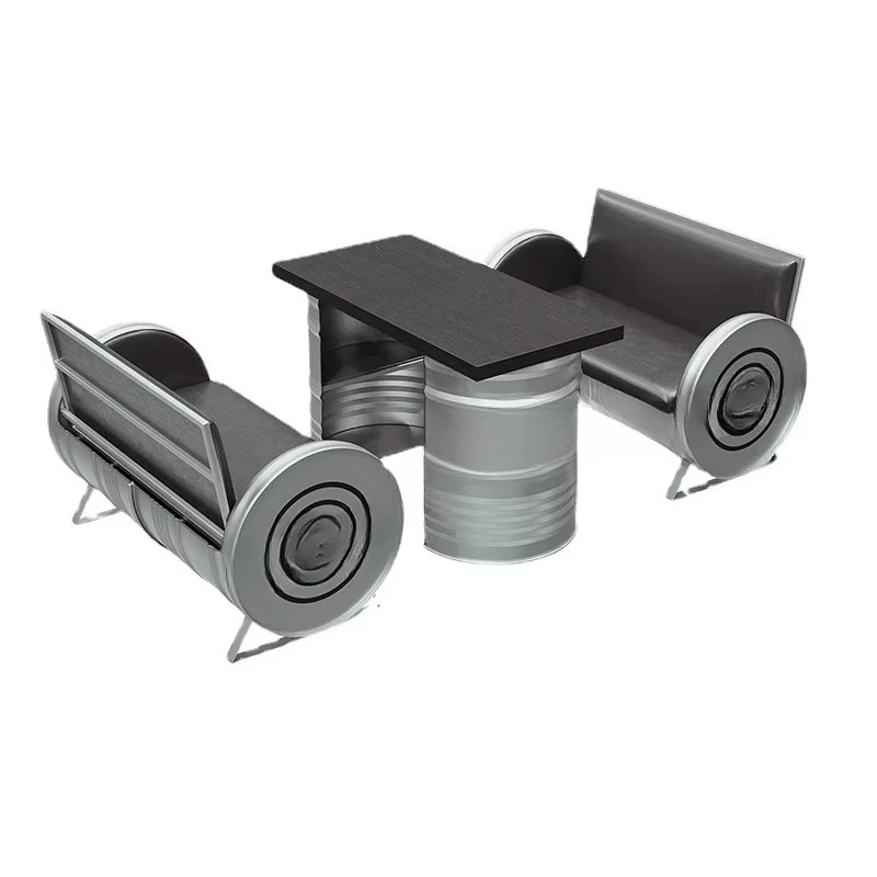 

Modern industrial durable metal rod furniture transparent truck sofa oil drum table and chair combination cafe milk bar