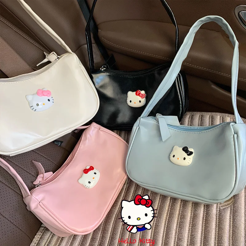 New Sweet Girl Heart Hello Kitty Underarm Bag Kawaii Summer Simple And Fresh Loli PU Handbag Versatile Retro Casual Shoulder Bag