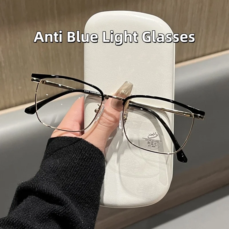 

New Men's Retro Metal Frame Anti Blue Light Glasses Female Business High-end Half Frame Square High-definition Glasses