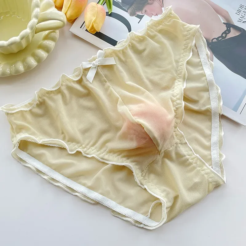 

Men's Sexy Panties Mesh See Through Cross-dressing Sweet Cute Sissy Ruffled Low Waist Erotic Panties BF Intimates lingerie
