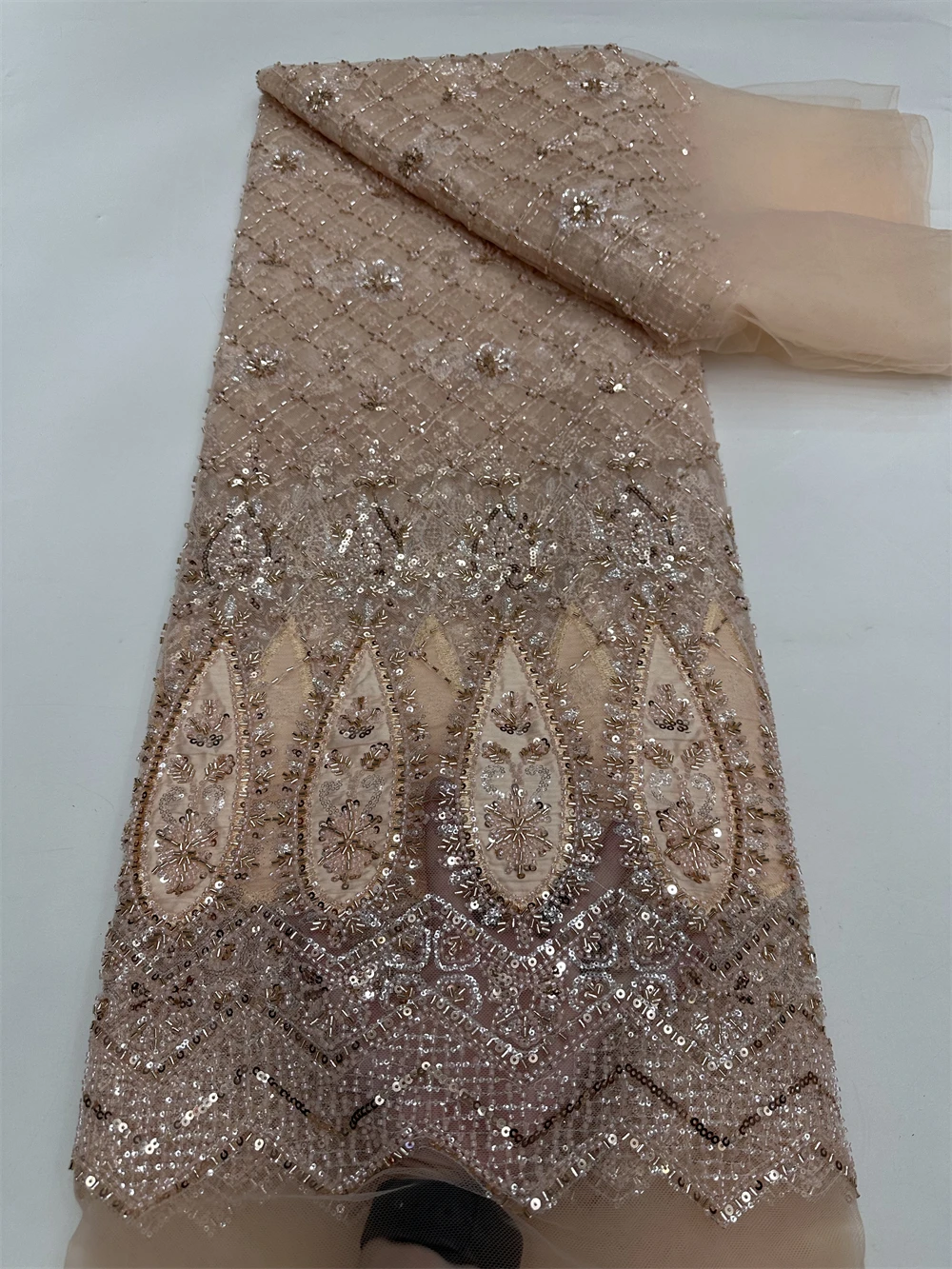 

African French Beaded Lace Fabric 2025 High Quality Lace Embroidered Nigerian 3d Sequins Tulle Lace 5 Yards For Sew Party Dress