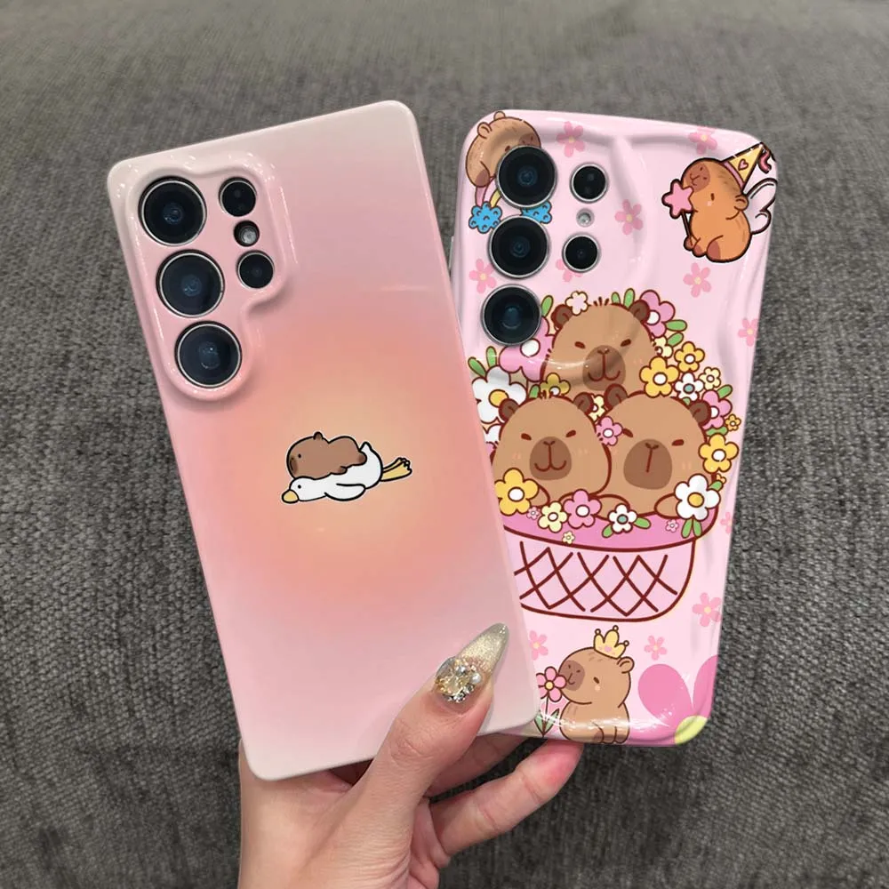 Cute Capybara Basket Flower Phone Case For Samsung Galaxy S26 S25 S24 S23 Ultra FE Plus Feilini Hard Case Wave Oil Soft Case