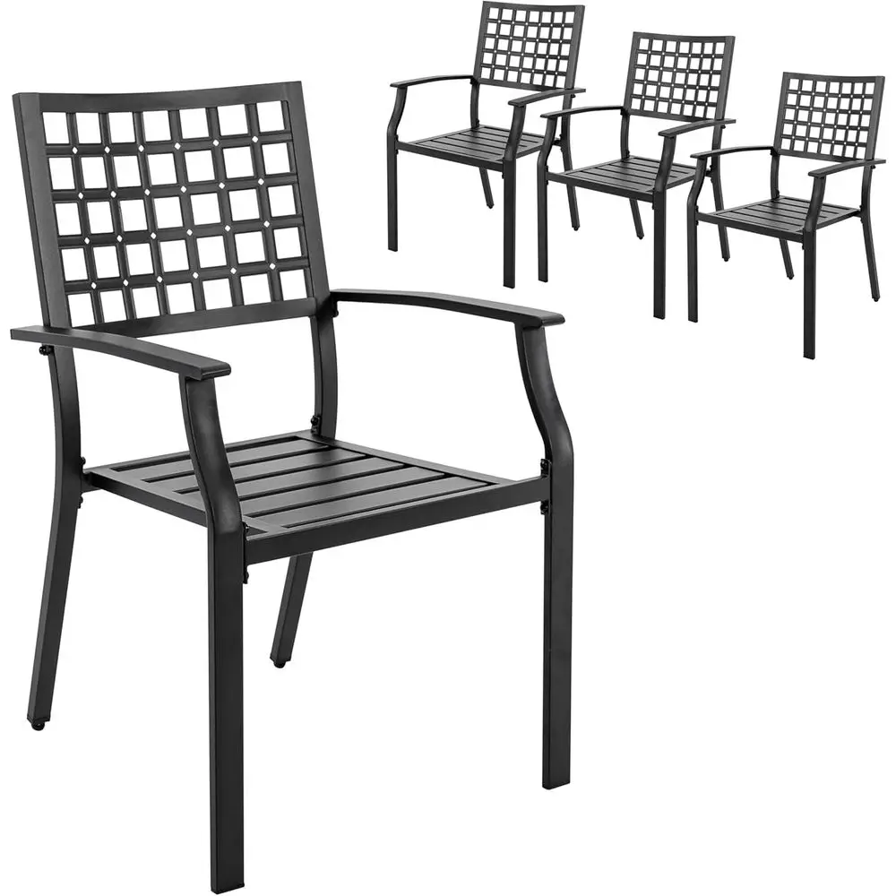 

Stackable 4-Piece Outdoor Dining Chair Set with Armrests, Wrought Iron, Suitable for Patio, Lawn, Deck, Poolside, Porch, Black