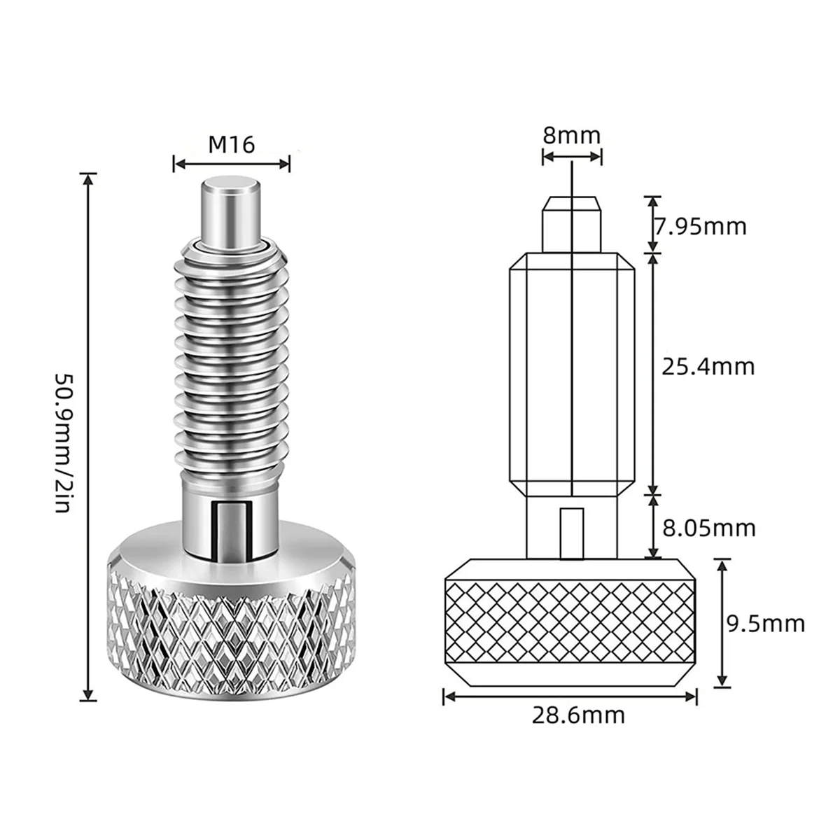 FLLF 2 Buah Plunger Pegas Dapat Ditarik Tangan, Pin Pengunci Pin Pelepasan Cepat Baja Tahan Karat M16 dengan Mur dan Pegangan Knurled